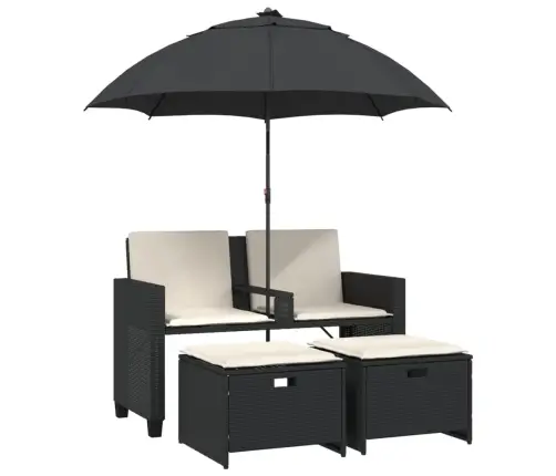 Divvietīgs Dārza Dīvāns Ar Saulessargu Un Soliņiem, Melns, Pe Vidaxl