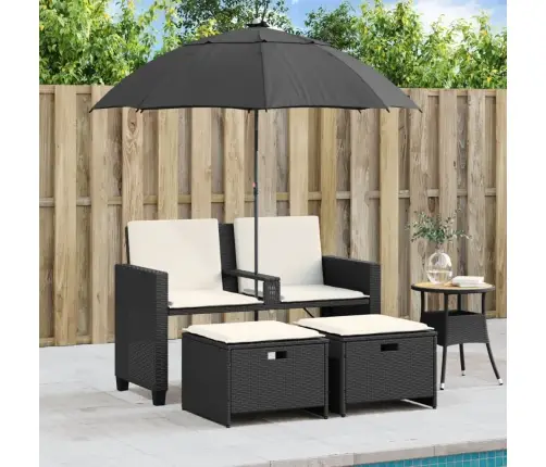 Divvietīgs Dārza Dīvāns Ar Saulessargu Un Soliņiem, Melns, Pe Vidaxl