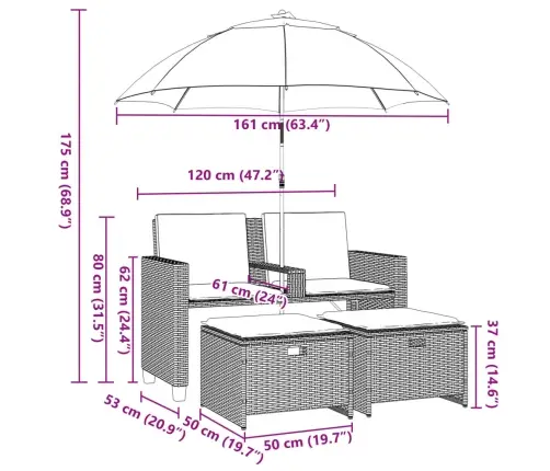 Divvietīgs Dārza Dīvāns Ar Saulessargu Un Soliņiem, Melns, Pe Vidaxl