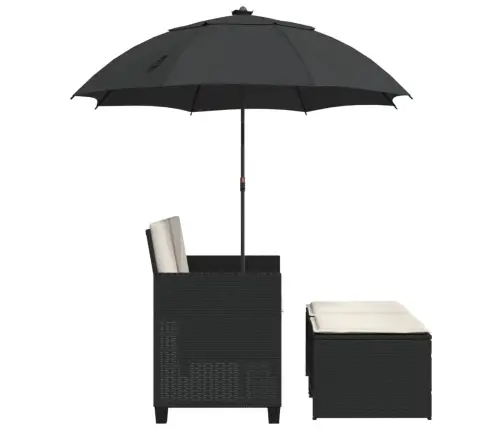 Divvietīgs Dārza Dīvāns Ar Saulessargu Un Soliņiem, Melns, Pe Vidaxl