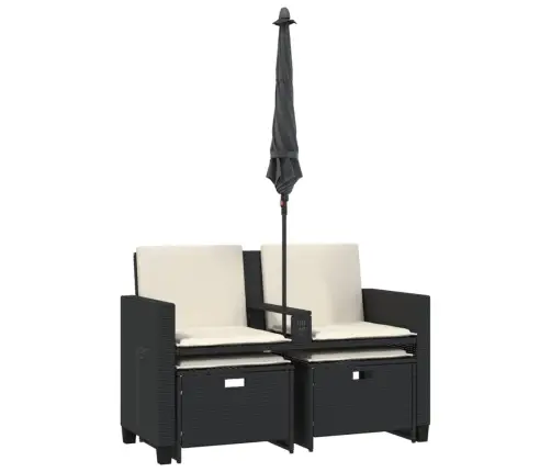 Divvietīgs Dārza Dīvāns Ar Saulessargu Un Soliņiem, Melns, Pe Vidaxl