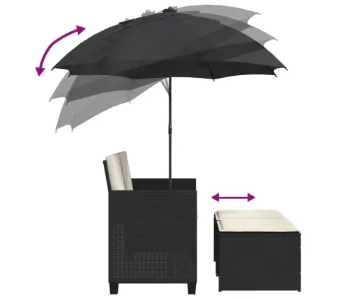 Divvietīgs Dārza Dīvāns Ar Saulessargu Un Soliņiem, Melns, Pe Vidaxl