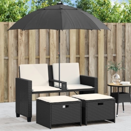 Dvivietė Sodo Sofa Su Skėčiu/Taburetėmis, Juoda, Poliratanas