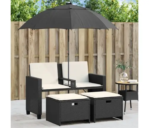 Divvietīgs Dārza Dīvāns Ar Saulessargu Un Soliņiem, Melns, Pe Vidaxl