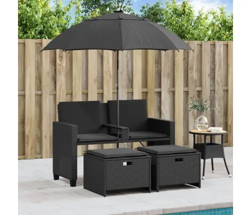 Divvietīgs Dārza Dīvāns Ar Saulessargu Un Soliņiem, Melns, Pe Vidaxl