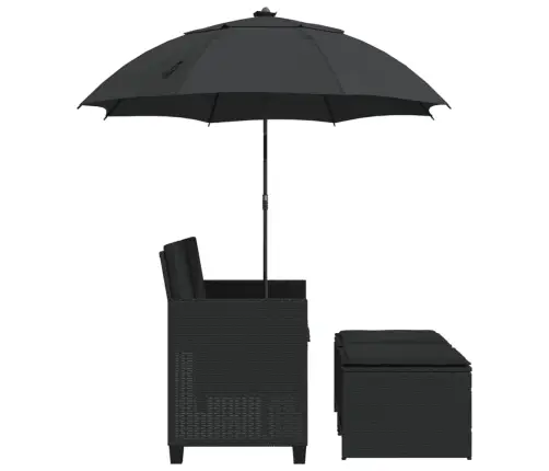 Divvietīgs Dārza Dīvāns Ar Saulessargu Un Soliņiem, Melns, Pe Vidaxl