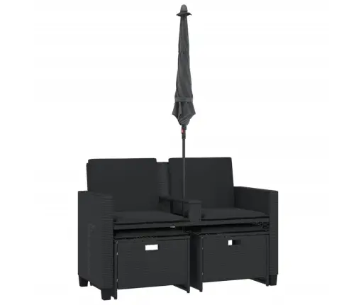 Divvietīgs Dārza Dīvāns Ar Saulessargu Un Soliņiem, Melns, Pe Vidaxl