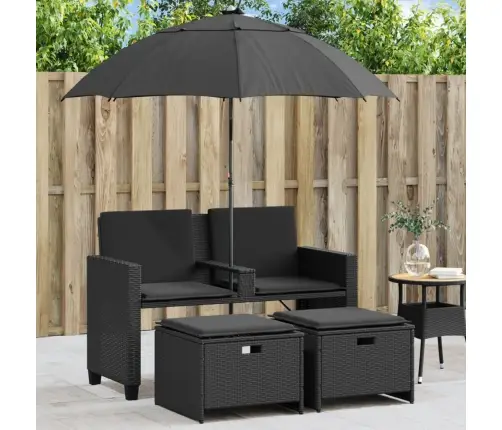 Divvietīgs Dārza Dīvāns Ar Saulessargu Un Soliņiem, Melns, Pe Vidaxl