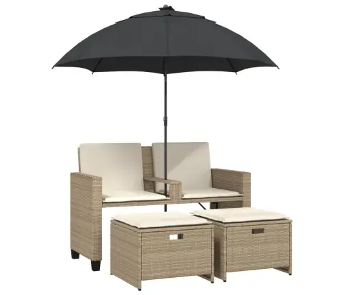 Divvietīgs Dārza Dīvāns Ar Saulessargu Un Soliņiem, Bēšs, Pe Vidaxl