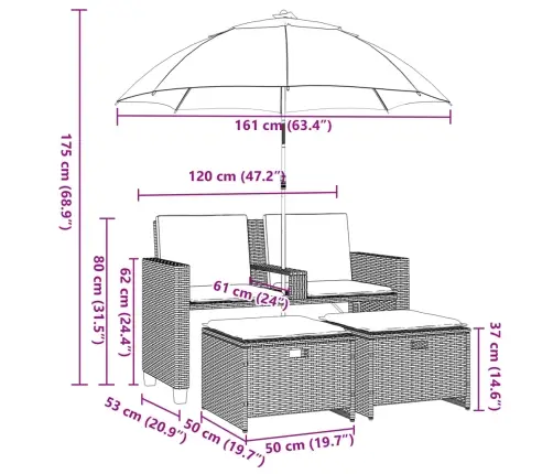 Divvietīgs Dārza Dīvāns Ar Saulessargu Un Soliņiem, Bēšs, Pe Vidaxl