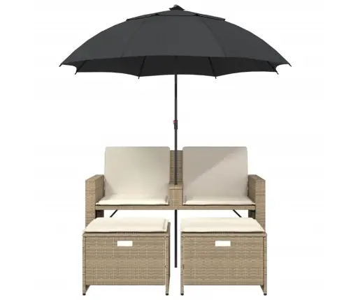 Divvietīgs Dārza Dīvāns Ar Saulessargu Un Soliņiem, Bēšs, Pe Vidaxl