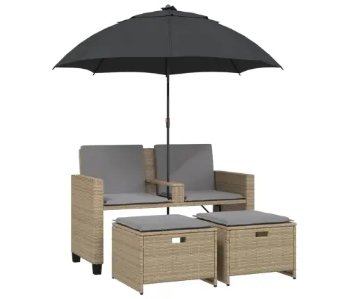 Divvietīgs Dārza Dīvāns Ar Saulessargu Un Soliņiem, Bēšs, Pe Vidaxl