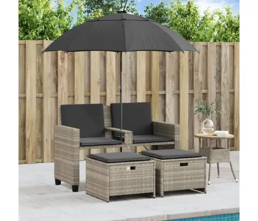 Divvietīgs Dārza Dīvāns Ar Saulessargu Un Soliņiem, Pelēks, Pe Vidaxl