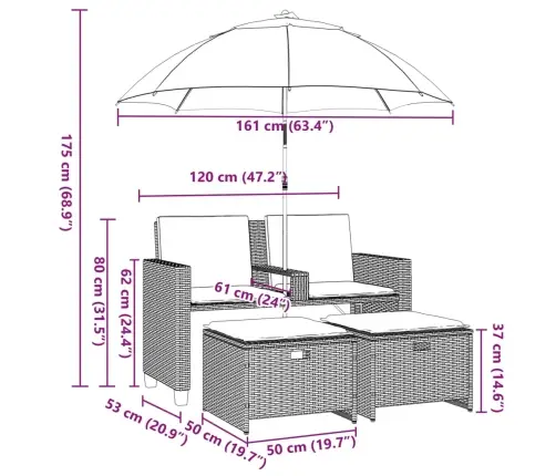 Divvietīgs Dārza Dīvāns Ar Saulessargu Un Soliņiem, Pelēks, Pe Vidaxl