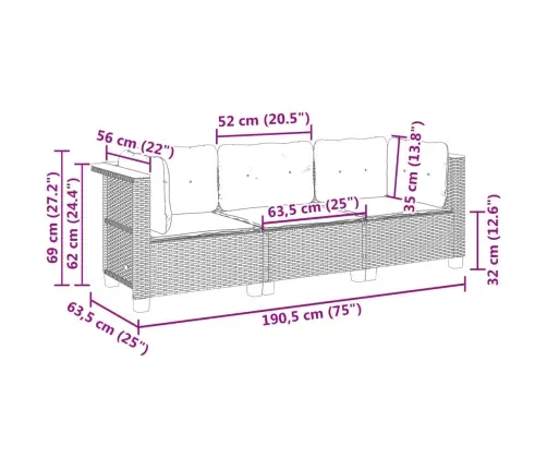 Trīsvietīgs Dārza Dīvāns Ar Matračiem, Melna Pe Rotangpalma Vidaxl
