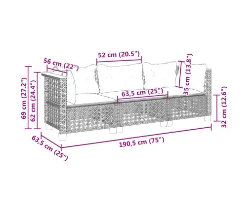 Trīsvietīgs Dārza Dīvāns Ar Matračiem, Pelēka Pe Rotangpalma Vidaxl