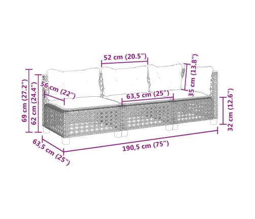 Trivietė Sodo Sofa Su Pagalvėlėmis, Juodos Spalvos, Poliratanas