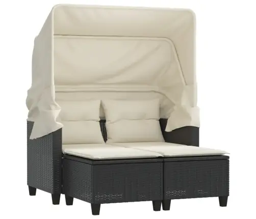 Divvietīgs Dārza Dīvāns Ar Jumtiņu Un Taburetēm, Melns, Pe Vidaxl