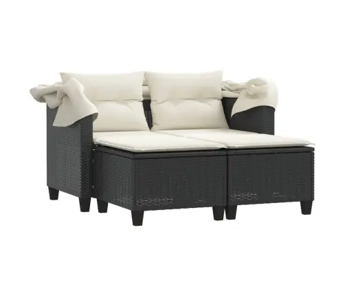 Divvietīgs Dārza Dīvāns Ar Jumtiņu Un Taburetēm, Melns, Pe Vidaxl