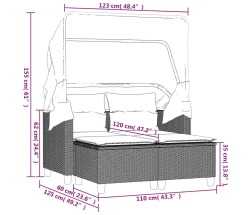 Divvietīgs Dārza Dīvāns Ar Jumtiņu Un Taburetēm, Melns, Pe Vidaxl