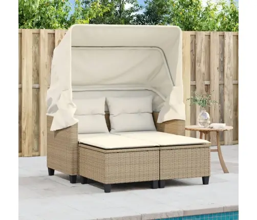 Divvietīgs Dārza Dīvāns Ar Jumtiņu Un Soliņiem, Bēšs, Pe Vidaxl