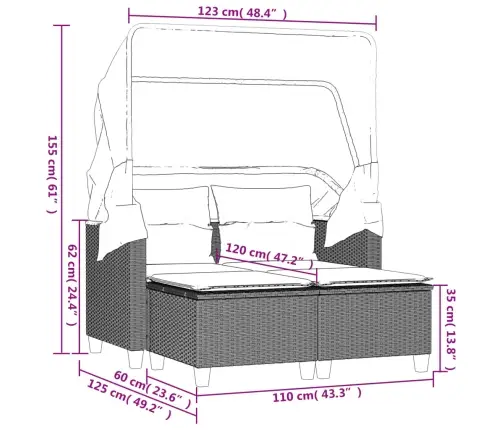 Dvivietė Sodo Sofa Su Skliautu/Taburetėmis, Pilka, Poliratanas