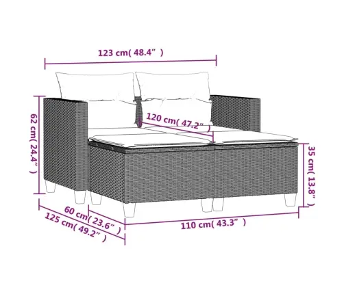 Divvietīgs Dārza Dīvāns Ar Soliem, Pelēks, Pe Rotangpalma Vidaxl