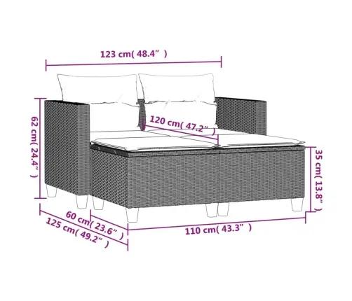Divvietīgs Dārza Dīvāns Ar Soliem, Gaiši Pelēks, Pe Rotangpalma Vidaxl