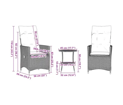 3-Daļīgs Bistro Mēbeļu Komplekts, Matrači, Bēša Pe Rotangpalma Vidaxl