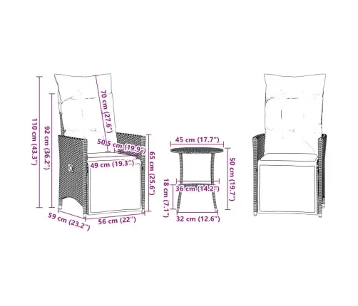 3-Daļīgs Bistro Mēbeļu Komplekts, Matrači,Pelēka Pe Rotangpalma Vidaxl