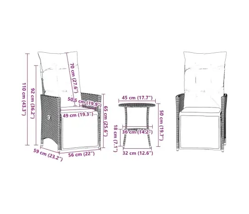 3-Daļīgs Bistro Mēbeļu Komplekts Ar Spilveniem, Pelēks Polietilēna Rotangpalmas Pinums Vidaxl