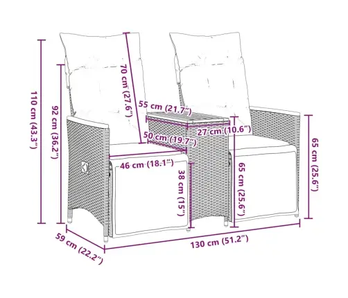 Atgāžams Dārza Dīvāns, Divvietīgs, Ar Galdu, Pelēks, Polietilēna Rotangpalma Vidaxl