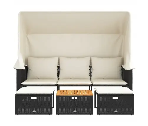 Trīsvietīgs Dārza Dīvāns Ar Jumtiņu Un Taburetēm, Melns, Pe Vidaxl