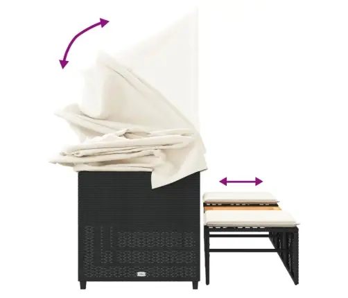 Trīsvietīgs Dārza Dīvāns Ar Jumtiņu Un Taburetēm, Melns, Pe Vidaxl