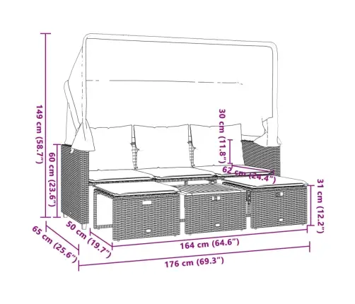 Trīsvietīgs Dārza Dīvāns Ar Jumtiņu Un Taburetēm, Melns, Pe Vidaxl