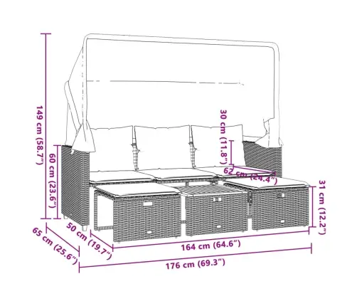Trīsvietīgs Dārza Dīvāns Ar Jumtiņu Un Soliņiem, Bēšs, Pe Vidaxl