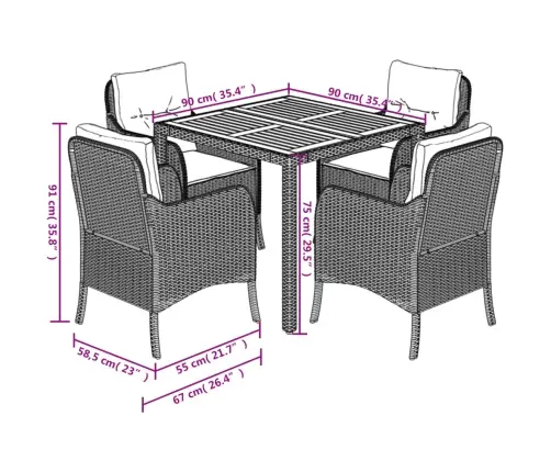 5-Daļīgs Dārza Mēbeļu Komplekts, Matrači, Melna Pe  Rotangpalma Vidaxl