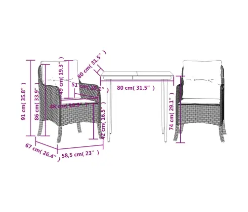 3-Daļīgs Dārza Mēbeļu Komplekts, Matrači, Pe Rotangpalma Vidaxl