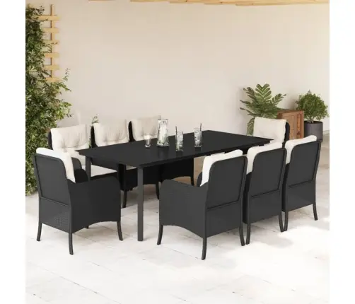 9-Daļīgs Dārza Mēbeļu Komplekts, Matrači, Melns, Pe Rotangpalma Vidaxl