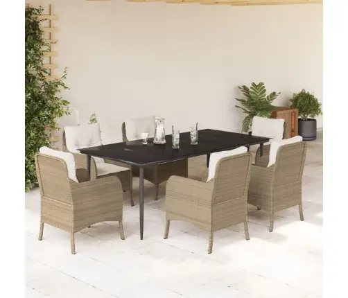 7-Daļīgs Dārza Mēbeļu Komplekts, Matrači, Bēša Pe Rotangpalma Vidaxl