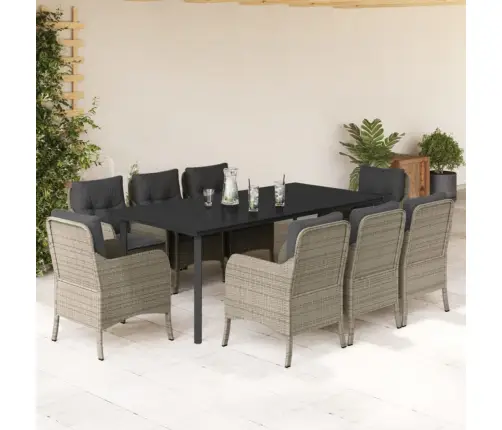 9-Daļīgs Dārza Mēbeļu Komplekts, Matrači,Gaiši Pelēka Pe Pinums Vidaxl