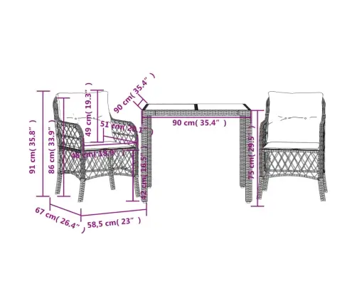 3-Daļīgs Bistro Mēbeļu Komplekts, Matrači,Pelēka Pe Rotangpalma Vidaxl