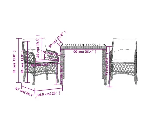 3-Daļīgs Bistro Mēbeļu Komplekts, Matrači, Melna Pe Rotangpalma Vidaxl