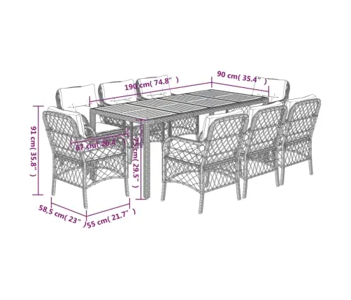 9-Daļīgs Dārza Mēbeļu Komplekts, Matrači, Melns, Pe Rotangpalma Vidaxl