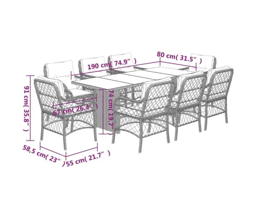 9-Osaline Aia Söögimööbli Komplekt Patjadega, Pruun, Polürotang