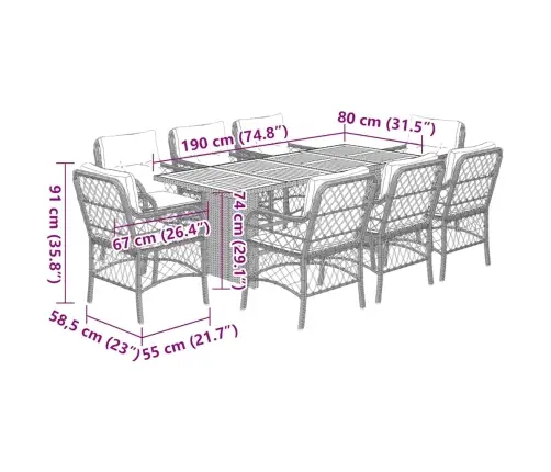 9-Daļīgs Dārza Mēbeļu Komplekts, Matrači, Melns, Pe Rotangpalma Vidaxl