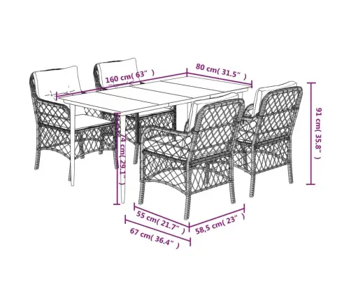 5-Daļīgs Dārza Mēbeļu Komplekts, Matrači, Melna Pe  Rotangpalma Vidaxl