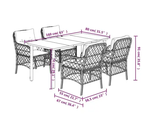 5-Daļīgs Dārza Mēbeļu Komplekts, Matrači, Melna Pe  Rotangpalma Vidaxl