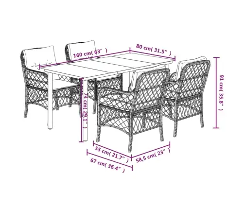 5-Osaline Aia Söögimööbli Komplekt Patjadega, Pruun, Polürotang