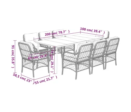 9-Daļīgs Dārza Mēbeļu Komplekts Ar Matračiem, Pe Rotangpalma Vidaxl